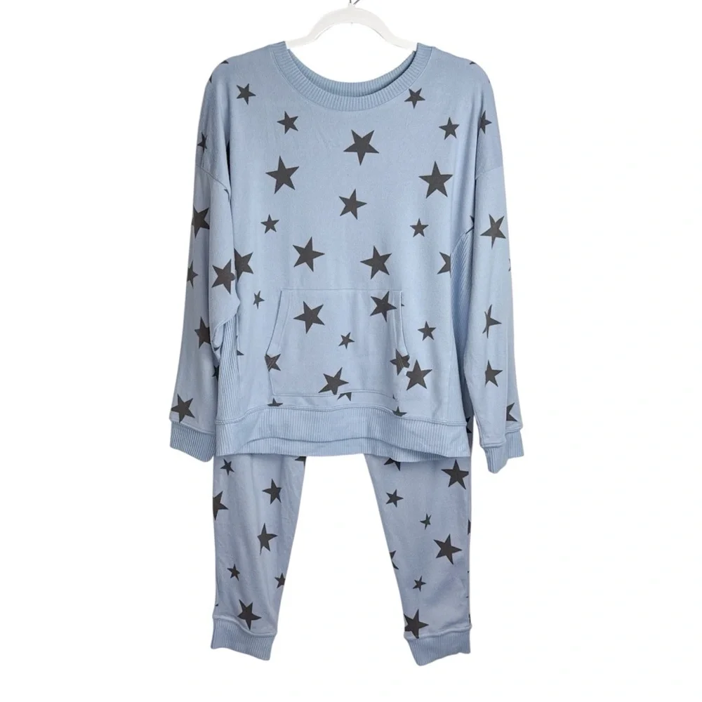 Cuddl Duds Pajama Set Sz Large Blue Star Print Sweatshirt Joggers